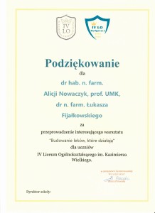 Podziękowania za organizację warsztatów dla uczniów szkół średnich. Kliknij, aby powiększyć zdjęcie.